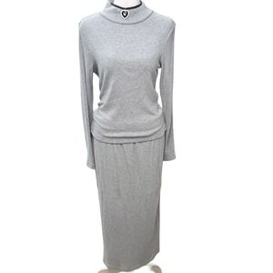 Grey Ribbed Knit 2 Pc Set Mock Neck Top Midi Skirt Medium Minimalist Scandi CBK